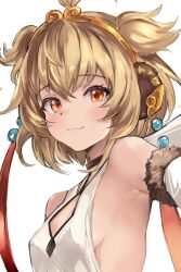 Rule 34 | 1girl, ahoge, andira (granblue fantasy), animal ears, armpits, bare shoulders, blush, breasts, brown hair, cleavage cutout, closed mouth, clothing cutout, detached sleeves, granblue fantasy, hairband, highres, looking at viewer, monkey ears, monogrbl, orange eyes, shirt, short hair, sleeveless, sleeveless shirt, small breasts, smile, solo, two side up, upper body, white background, white shirt