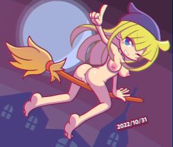 Rule 34 | 1girl, 2022, absurdres, anus, ass, barefoot, blonde hair, blue eyes, breasts, broom, cleft of venus, exhibitionism, feet, female focus, flying, furii, highres, medium breasts, moon, nipples, nude, public indecency, pussy, puyopuyo, soles, witch, witch (puyopuyo)