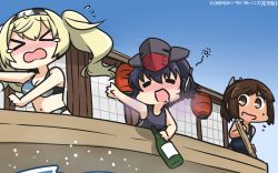 Rule 34 | &gt; &lt;, 3girls, adapted costume, asymmetrical hair, bikini, black hair, black one-piece swimsuit, blonde hair, blue one-piece swimsuit, blue sky, blush, boat, bottle, breasts, brown eyes, brown hair, chibi, closed eyes, commentary, dated, day, drink, drunk, gambier bay (kancolle), gradient sky, hair between eyes, hair ornament, hairband, hairclip, hamu koutarou, hat, highres, i-14 (kancolle), i-401 (kancolle), kantai collection, lantern, large breasts, multicolored bikini, multicolored clothes, multiple girls, oar, one-piece swimsuit, ponytail, sake bottle, school swimsuit, short hair, short ponytail, sky, squeans, swimsuit, tan, twintails, watercraft