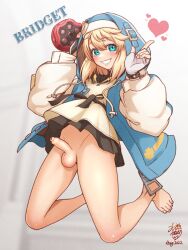 Rule 34 | 1boy, barefoot, blonde hair, blue eyes, blush, bottomless, bridget (guilty gear), daisy mitsumata, feet, fingerless gloves, foreskin, gloves, guilty gear, guilty gear strive, highres, looking at viewer, male focus, penis, skirt, smile, solo, testicles, toes, trap