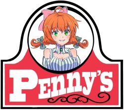 Rule 34 | 1girl, ahoge, bare shoulders, bow, brand name imitation, breasts, cleavage, cleavage cutout, clothing cutout, commentary request, cosplay, freckles, green eyes, hair bow, hair ribbon, iesupa, logo, looking at viewer, medium breasts, orange hair, parody, parted lips, penny polendina, ribbon, rwby, short twintails, smile, solo, twintails, upper body, wendy&#039;s, wendy (wendy&#039;s), wendy (wendy&#039;s) (cosplay)