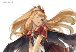 Rule 34 | + +, 10s, 1girl, 2016, alternate eye color, bad id, bad pixiv id, black vest, blonde hair, blue eyes, bow, cagliostro (granblue fantasy), cape, closed mouth, dated, floating hair, granblue fantasy, hairband, long hair, miniskirt, red bow, red skirt, simple background, skirt, smile, solo, spikes, takup, tongue, tongue out, upper body, v arms, vest, white background