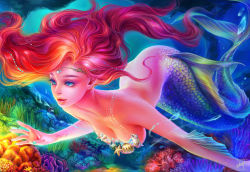 Rule 34 | 1girl, aqua nails, ariel (disney), ass, beads, blue eyes, breasts, circlet, coral, fins, gem, hair beads, hair ornament, jewelry, large breasts, mermaid, monster girl, nail polish, necklace, nipples, nude, nudist, parted lips, pearl (gemstone), red hair, seashell, shawli, shell, skinny dipping, solo, starfish, swimming, the little mermaid, underwater, zenra