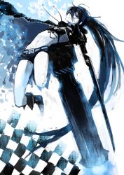 Rule 34 | 1girl, arm cannon, bad id, bad pixiv id, bikini, bikini top only, black hair, black rock shooter, black rock shooter (character), blue eyes, boots, coat, drawstring, flaming eye, full body, gloves, hair over one eye, holding, holding sword, holding weapon, huge weapon, jumping, kaneni, katana, long hair, looking at viewer, midriff, navel, pale skin, shorts, solo, stomach, swimsuit, sword, weapon