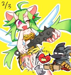Rule 34 | 1girl, 2boys, animal ears, animal print, breasts, club, club (weapon), green hair, heart, heart (mad rat dead), heart tail, highres, horns, kanabou, mad rat, mad rat dead, mouse (animal), mouse ears, mouse girl, mouse tail, multiple boys, nippon ichi, oni, oni horns, rat god, red eyes, spiked club, tail, tiger print, weapon, wings