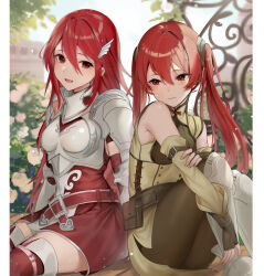 Rule 34 | 2girls, armor, bare shoulders, black gloves, black pantyhose, breastplate, commentary request, cordelia (fire emblem), detached sleeves, dress, fingerless gloves, fire emblem, fire emblem awakening, gloves, greaves, hair between eyes, haru (nakajou-28), knees up, long hair, mother and daughter, multiple girls, nintendo, pantyhose, pauldrons, pouch, red dress, red eyes, red hair, red thighhighs, severa (fire emblem), short dress, shoulder armor, sitting, sleeveless, thighhighs, twintails, very long hair, wing hair ornament