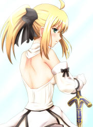 Rule 34 | 1girl, ahoge, artoria pendragon (all), artoria pendragon (fate), back, bare shoulders, blonde hair, blush, bow, caliburn (fate), capcom, diesel-turbo, dress, fate/stay night, fate/unlimited codes, fate (series), female focus, from behind, gloves, gradient background, green eyes, hair bow, looking back, ponytail, saber (fate), saber lily, solo, sword, weapon, white background