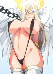 Rule 34 | 1girl, angel wings, archangel raziel (p&amp;d), areola slip, black one-piece swimsuit, blush, breasts, chain, covered erect nipples, covered eyes, cowboy shot, feathered wings, female pubic hair, hair intakes, halo, head wings, highres, large breasts, long hair, nose blush, one-piece swimsuit, parted lips, platinum blonde hair, pubic hair, pubic hair peek, puzzle &amp; dragons, slingshot swimsuit, solo, sweat, swimsuit, u2 (u2 85269), white wings, wings