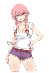 Rule 34 | 1girl, belt, blue shorts, breasts, cleavage, collarbone, cowboy shot, cropped legs, gasai yuno, gluteal fold, grin, hair between eyes, hair over shoulder, hair ribbon, halterneck, hand on own hip, large breasts, long hair, looking at viewer, midriff, mirai nikki, pink eyes, pink hair, red belt, red ribbon, relaxjon, ribbon, shirt, short shorts, short sleeves, shorts, simple background, smile, solo, standing, stomach, torn clothes, torn shorts, white background, white shirt