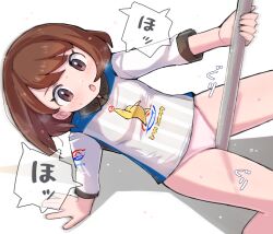 Rule 34 | 1girl, :o, arm support, blush, brown eyes, brown hair, cameltoe, cleft of venus, commentary request, creatures (company), crotch rub, eyelashes, from above, game freak, gloria (pokemon), gym challenge uniform, highres, holding, holding pole, kutabireta neko, nintendo, open mouth, panties, pink panties, pokemon, pokemon swsh, pole, shirt, sleeves past elbows, solo, speech bubble, stripper pole, sweat, translation request, underwear, white shirt