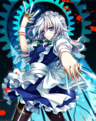 Rule 34 | 1girl, alternate hairstyle, between fingers, blood, blue eyes, bow, braid, dagger, female focus, foreshortening, gears, hair bow, holding, holster, izayoi sakuya, knife, long hair, maid, maid headdress, outstretched arm, pantyhose, riv (rivleaf), silver hair, smile, solo, thigh strap, throwing knife, touhou, twin braids, weapon, wrist cuffs