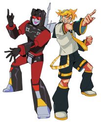 Rule 34 | 2boys, belt, black shorts, blonde hair, commentary, crossover, decepticon, detached sleeves, english commentary, fang, fang out, head tilt, highres, kagamine len, looking at viewer, m/, male focus, mecha, multiple boys, necktie, nya zuline, pointing, robot, rumble (transformers), sailor collar, shirt, shoes, shorts, sneakers, tongue, tongue out, trait connection, transformers, tube socks, vocaloid, white background, white footwear, white shirt, yellow belt, yellow necktie