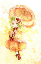 Rule 34 | 00s, 1girl, awa toka, coat, dress, drill hair, floral print, flower, green eyes, green hair, hair ornament, heart, heart hair ornament, kanaria, long sleeves, looking at viewer, matching hair/eyes, open mouth, orange dress, pants, parasol, red rose, rose, rozen maiden, smile, solo, umbrella, white rose, wide sleeves