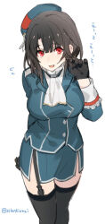 Rule 34 | 1girl, arm behind back, beret, black gloves, black hair, black thighhighs, blue jacket, blue skirt, breasts, flying sweatdrops, garter straps, gloves, hat, jacket, kantai collection, large breasts, long sleeves, looking at viewer, open mouth, red eyes, short hair, simple background, skirt, solo, sugimoto (niboshiumai), takao (kancolle), thighhighs, translation request, twitter username, uniform, white background