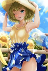 Rule 34 | 1girl, absurdres, armpits, arms up, bag, bare arms, bare shoulders, blue eyes, blue skirt, blue sky, blunt bangs, blush, bottle, brown hat, clothes lift, cowboy shot, day, fence, field, floral print, flower, flower field, green hair, groin, handbag, hands on headwear, hat, highres, holding, holding bottle, idolmaster, idolmaster cinderella girls, jewelry, light rays, mole, mole under eye, necklace, no panties, nonoririn, outdoors, pov, psd available, shirt, short hair, shoulder bag, skirt, skirt lift, sky, sleeveless, sleeveless shirt, solo, standing, sunbeam, sunflower, sunflower field, sunlight, sweat, takagaki kaede, upskirt, water bottle, wind, wind lift, yellow shirt