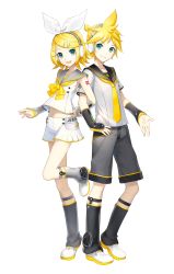 Rule 34 | 1boy, 1girl, aqua eyes, arm hug, blonde hair, blouse, boots, bow, brother and sister, closed mouth, collared shirt, detached sleeves, fortissimo, full body, headphones, highres, ixima, kagamine len, kagamine len (vocaloid4), kagamine rin, kagamine rin (vocaloid4), navel, necktie, number tattoo, official art, open mouth, sailor collar, see-through, see-through sleeves, shirt, short hair, short shorts, shorts, shoulder tattoo, siblings, skirt, smile, spiked hair, standing, standing on one leg, swept bangs, tattoo, transparent background, twins, v4x, vocaloid, white shirt