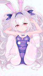 Rule 34 | 1girl, absurdres, azur lane, blue leotard, breasts, cleavage, highres, laffey (azur lane), laffey ii (azur lane), laffey ii (sleepy on a busy day) (azur lane), leotard, long hair, playboy bunny, red eyes, small breasts, solo, twintails, very long hair, white hair