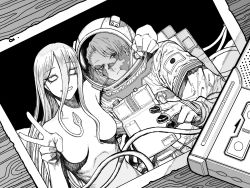 Rule 34 | 1boy, 1girl, alien, arm around shoulder, astronaut, burn scar, cable, character name, closed mouth, crack, eyelashes, eyes visible through hair, greyscale, hair between eyes, hatching (texture), helmet, highres, japanese flag, light smile, long eyelashes, long hair, monochrome, no pupils, noririn4696, open mouth, original, photo (object), scar, smile, space, space helmet, tape recorder, tentacle hair, v, w