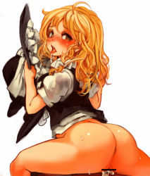 Rule 34 | 1girl, ahegao, ass, bar censor, blonde hair, blush, bottomless, braid, censored, cum, cum in pussy, drooling, from behind, hat, unworn hat, unworn headwear, heart, holding, holding clothes, holding hat, kirisame marisa, long hair, looking back, nose blush, penis, sachito, saliva, sex, shiny skin, side braid, simple background, sitting, solo focus, spread legs, sweat, symbol-shaped pupils, tongue, tongue out, touhou, white background, witch hat, yellow eyes