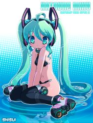 Rule 34 | 1girl, ahoge, character name, child, hair between eyes, hatsune miku, headphones, long hair, navel, shisui, shoes, sitting, solo, thighhighs, twintails, underwear, very long hair, vocaloid