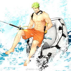 Rule 34 | 1boy, abs, achilles (fate), bara, fate/grand order, fate (series), fishing rod, full body, goggles, goggles around neck, green hair, highres, large pectorals, male focus, male swimwear, muscular, muscular male, navel, nipples, official alternate costume, orange male swimwear, pectorals, rinnnnake, short hair, smile, solo, spiked hair, stomach, swim trunks, topless male, water