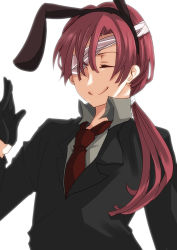 Rule 34 | 10s, 1boy, animal ears, bad id, bad pixiv id, bandages, black gloves, rabbit ears, closed eyes, formal, gloves, half gloves, inu x boku ss, long hair, male focus, natsume zange, necktie, ponytail, red hair, smile, solo, suit, yamika 6414