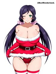 Rule 34 | 1girl, absurdres, belt, blush, box wonderland, breasts, christmas, cleavage, clothes lift, dress, dress lift, elbow gloves, gloves, green eyes, highres, large breasts, long hair, looking at viewer, love live!, love live! school idol project, no bra, one eye closed, panties, pantyshot, purple hair, red dress, red gloves, red panties, santa dress, santa gloves, short dress, solo, standing, strapless, strapless dress, striped clothes, striped thighhighs, thighhighs, thighs, thong, tojo nozomi, underwear
