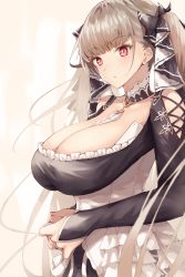 Rule 34 | 1girl, azur lane, bad id, bad pixiv id, bare shoulders, between breasts, black dress, blush, breasts, bridal gauntlets, cleavage, collarbone, detached collar, dress, formidable (azur lane), frilled dress, frills, grey hair, hair ribbon, highres, large breasts, long hair, long sleeves, looking at viewer, red eyes, ribbon, ruwoka, solo, twintails, two-tone dress, two-tone ribbon, very long hair, white dress