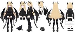 Rule 34 | 1girl, backless swimsuit, bell sleeves, belt, black belt, black capelet, black footwear, black horns, black one-piece swimsuit, black sleeves, black thighhighs, black wings, blonde hair, blunt bangs, blush, boots, buran buta, capelet, chain, circlet, collared capelet, commentary, covered navel, demon girl, demon horns, detached sleeves, diadem, english commentary, expressionless, flat chest, fold-over boots, from behind, from side, halterneck, high collar, high heel boots, high heels, horns, legwear garter, long hair, multiple views, okumura anya, old school swimsuit, one-piece swimsuit, platform footwear, purple eyes, school swimsuit, school swimsuit flap, second-party source, sidelocks, sleeves past fingers, sleeves past wrists, spanish commentary, swimsuit, thighhighs, torn wings, turnaround, very long hair, virtual youtuber, wactor production, white background, wide sleeves, wings