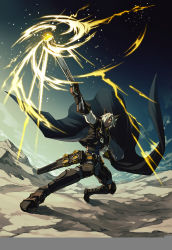 Rule 34 | 1boy, black cape, black footwear, black gloves, cape, closed mouth, cloud, corrupted file, erune, eustace (granblue fantasy), firing, full body, gloves, granblue fantasy, gun, hair over one eye, holding, holding gun, holding weapon, male focus, outdoors, outstretched arm, pants, rifle, sheath, short hair, silver hair, sky, solo, standing, weapon, zinnkousai3850