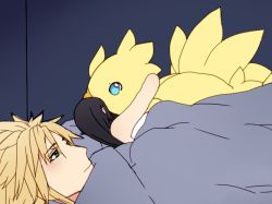 Rule 34 | 1boy, 1girl, 1other, 500 dollar four foot tall mareep (meme), bed, black hair, blonde hair, chocobo, cloud strife, commentary, english commentary, final fantasy, final fantasy vii, long hair, meme, plushcharm, sleeping, spiked hair, stuffed animal, stuffed toy, tifa lockhart, under covers