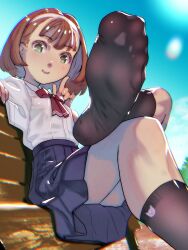 1girl bench black_socks blue_skirt bow brown_hair closed_mouth crossed_legs feet foot_focus foot_out_of_frame foreshortening hairband highres light_blush looking_at_viewer medium_hair original outdoors pleated_skirt red_bow school_uniform shirt shirt_tucked_in sitting skirt smile socks soles soon_(c-u-soon) thighs toes white_hairband white_shirt