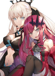 Rule 34 | 2girls, baobhan sith (fate), baobhan sith (first ascension) (fate), bare shoulders, black legwear, braid, breasts, constricted pupils, crown, detached collar, detached sleeves, drill hair, expressionless, fate/grand order, fate (series), half up braid, large breasts, long hair, looking at viewer, morgan le fay (fate), multiple girls, navel, platinum blonde hair, pointy ears, pubic tattoo, red hair, renka (renkas), slit pupils, small breasts, smile, tattoo, thighhighs, twin drills, v-shaped eyebrows, white background