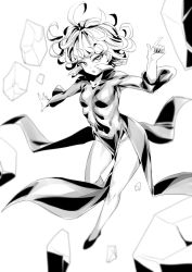 Rule 34 | 1girl, bare legs, breasts, curvy, greyscale, highres, monochrome, one-punch man, rom (20), short hair, simple background, small breasts, solo, tatsumaki, white background
