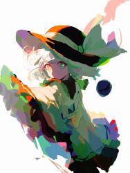 Rule 34 | 1girl, black hat, bright pupils, buttons, chinese commentary, commentary request, diamond button, frilled sleeves, frills, green eyes, green hair, hat, hat ribbon, heterochromia, highres, komeiji koishi, long sleeves, notwugui, open mouth, orange eyes, ribbon, shirt, short hair, simple background, sketch, solo, third eye, touhou, white pupils, wide sleeves, yellow ribbon, yellow shirt