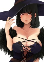 Rule 34 | 1girl, akit (15jamjam), bad id, bad pixiv id, bare shoulders, black hair, breasts, brown eyes, cleavage, hat, highres, huge breasts, jewelry, lips, looking at viewer, original, ring, short hair, simple background, smile, solo, witch, witch hat