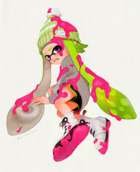 1girl artist_name beanie black_shorts boots clenched_teeth commentary_request dolphin_shorts full_body green_hair green_hat grey_sweater hat highres hinata_(hinata_spla) inkling inkling_girl inkling_player_character long_hair long_sleeves looking_at_viewer lying nintendo on_side paint_splatter paint_splatter_on_face pom_pom_(clothes) pom_pom_beanie purple_eyes shorts simple_background solo splatoon_(series) sweater tearing_up teeth tentacle_hair twintails very_long_hair white_background white_footwear