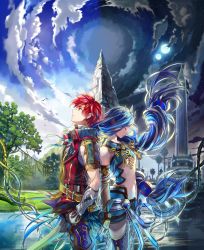 Rule 34 | 1boy, 1girl, adol christin, back-to-back, blue hair, blue sky, breasts, brown eyes, cloud, cowboy shot, dana (ys), day, closed eyes, falcom, floating hair, from side, hair ribbon, highres, holding, holding sword, holding weapon, long hair, looking up, midriff, moon, navel, night, non-web source, official art, outdoors, red hair, ribbon, short sleeves, sky, small breasts, star (sky), starry sky, stomach, sword, thighhighs, twintails, underboob, very long hair, water, weapon, white ribbon, ys, ys viii lacrimosa of dana
