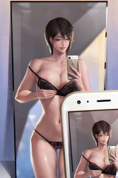 Rule 34 | 1girl, absurdres, bad id, bad pixiv id, bare shoulders, bra, breast lift, breasts, breasts out, brown hair, cellphone, cellphone photo, chromatic aberration, cleavage, collarbone, commentary request, highres, holding, holding phone, kidmo, lace, lace bra, lace panties, large breasts, legs, lingerie, looking at phone, mirror, navel, nipples, original, panties, phone, pussy, reflection, selfie, shiny skin, short hair, smartphone, smile, solo, stomach, taking picture, thighs, underwear
