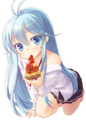 Rule 34 | 10s, 1girl, all fours, antenna hair, bare shoulders, barefoot, blue eyes, blue hair, denpa onna to seishun otoko, food, full body, long hair, looking at viewer, matching hair/eyes, mouth hold, nanashi (soregashi), off shoulder, pizza, pizza slice, school uniform, simple background, solo, staring, touwa erio, white background