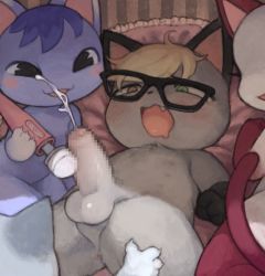 Rule 34 | 1boy, 3girls, :3, animal crossing, animal ears, animal hands, anus, black-framed eyewear, black eyes, blonde hair, blue hair, blush, blush stickers, brown eyes, cat, cat ears, cat tail, censored, claws, completely nude, crooked eyewear, cum, drooling, ejaculation, erection, extra breasts, fang, flat chest, furry, furry female, furry male, furry with furry, glasses, green eyes, half-closed eyes, hand up, happy, hetero, heterochromia, highres, hitachi magic wand, holding, indoors, kneeling, lolly (animal crossing), looking at another, looking down, lying, male focus, messy hair, mosaic censoring, multiple girls, nintendo, nipples, no humans, nude, olivia (animal crossing), on back, on bed, open mouth, orgasm, penis, pillow, projectile cum, raymond (animal crossing), robot (pixiv 42325944), rosie (animal crossing), sex toy, short hair, sitting, smile, solo focus, spread legs, tail, testicles, vibrator, wariza, yellow eyes