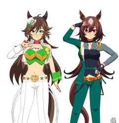 Rule 34 | 1girl, absurdres, ahoge, animal ears, artist name, belt, blush, breasts, brown belt, brown hair, buruma, choker, clenched hands, collared shirt, color neko (user yfvc3323), commentary request, cowboy shot, cropped jacket, ear ornament, feet out of frame, fingerless gloves, floating hair, gloves, green eyes, green jacket, green pants, grey shirt, hair between eyes, hair ornament, hairclip, hat, highres, horse ears, horse girl, horse tail, jacket, long hair, long sleeves, looking at viewer, medium breasts, midriff, midriff peek, mini hat, mini top hat, mr. c.b. (umamusume), multicolored hair, navel, one eye closed, pants, red eyes, shirt, signature, simple background, single sleeve, single wrist cuff, sirius symboli (umamusume), smile, solo, strapless, strapless shirt, streaked hair, tail, top hat, umamusume, very long hair, white background, white hair, white jacket, white pants, wrist cuffs