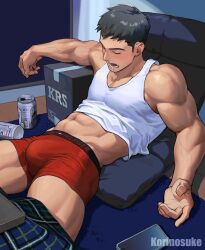 1boy abs bara biceps black_hair boxer_briefs can cellphone highres korinosuke light_blush male_focus male_underwear muscular muscular_male original phone red_male_underwear saliva sleeping smartphone solo tank_top underwear