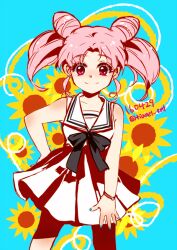 Rule 34 | 1girl, bishoujo senshi sailor moon, blue nails, bracelet, chibi usa, commentary request, cone hair bun, dated, double bun, dress, hair bun, hand on own hip, jewelry, korean commentary, pink hair, pleated dress, red eyes, sailor dress, smile, solo, tianel ent, twintails, twitter username, white dress