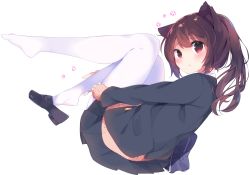 Rule 34 | 1girl, :t, bag, black footwear, black skirt, blazer, blush, brown hair, brown sweater, chikuwa., closed mouth, commentary request, from side, full body, highres, jacket, legs up, loafers, long hair, long sleeves, looking at viewer, miniskirt, original, pantyhose, pleated skirt, ponytail, pout, purple eyes, school bag, school uniform, shoe dangle, shoes, simple background, single shoe, sitting, skirt, sleeves past wrists, solo, sweater, white background, white pantyhose