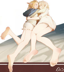 Rule 34 | 2girls, absurdres, bare legs, barefoot, blonde hair, blush, braid, capelet, closed eyes, commentary, crying, daxieshen huashi, dress, dungeon meshi, elf, english commentary, eyelashes, falin touden, feet, foreshortening, frilled shorts, frills, highres, hood, hood down, hooded capelet, hug, knees together feet apart, legs, long hair, marcille donato, mixed-language commentary, multiple girls, open mouth, pointy ears, shirt, shorts, sidelocks, signature, soles, toes, white dress, white shirt