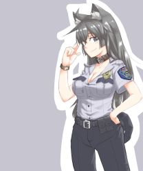 Rule 34 | 1girl, animal ears, bad id, bad pixiv id, belt, black eyes, black hair, breasts, cleavage, collar, grey background, hand on own hip, hat, highres, long hair, pants, pencil skirt, police, police badge, police hat, police uniform, policewoman, resident evil, salute, shino (r shughart), simple background, skirt, smile, solo, uniform, watch, wolf ears, wristwatch