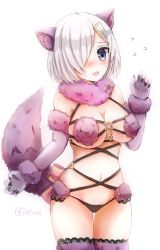 Rule 34 | 1girl, alternate color, animal ears, breasts, claw pose, cosplay, elbow gloves, eyes visible through hair, fate/grand order, fate (series), fur-trimmed gloves, fur-trimmed legwear, fur collar, fur trim, gloves, hair ornament, hair over one eye, hairclip, halloween costume, hamakaze (kancolle), kantai collection, lace, lace-trimmed legwear, lace trim, large breasts, look-alike, looking at viewer, mash kyrielight, mash kyrielight (dangerous beast), mash kyrielight (dangerous beast) (cosplay), mazeru (jisjifin), o-ring, o-ring top, official alternate costume, purple gloves, purple thighhighs, revealing clothes, short hair, silver hair, solo, tail, thighhighs, white gloves, wolf ears, wolf tail