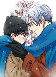 Rule 34 | 2boys, black gloves, black hair, blue-framed eyewear, blue eyes, blush, brown eyes, can, coat, eye contact, glasses, gloves, hat, katsuki yuuri, looking at another, male focus, multiple boys, scarf, shared clothes, shared scarf, silver hair, sisido (black candy), smile, snowing, tree, viktor nikiforov, yaoi, yuri!!! on ice