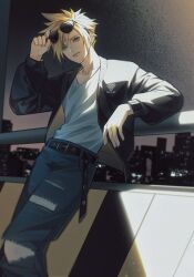 Rule 34 | 1boy, alternate costume, belt, belt buckle, black belt, black jacket, blonde hair, blue eyes, blue pants, buckle, casual, cityscape, closed mouth, cloud strife, collarbone, commentary, denim, earrings, elbow rest, eyewear on head, final fantasy, final fantasy vii, final fantasy vii remake, hair between eyes, hao xiang yishui bu xing, highres, jacket, jeans, jewelry, looking at viewer, male focus, open clothes, outdoors, pants, railing, shirt, short hair, skyline, solo, spiked hair, stud earrings, sunglasses, symbol-only commentary, torn clothes, torn jeans, torn pants, white shirt